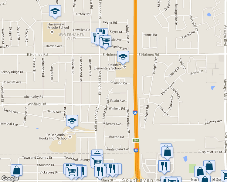 map of restaurants, bars, coffee shops, grocery stores, and more near 5343 Santa Monica Street in Memphis
