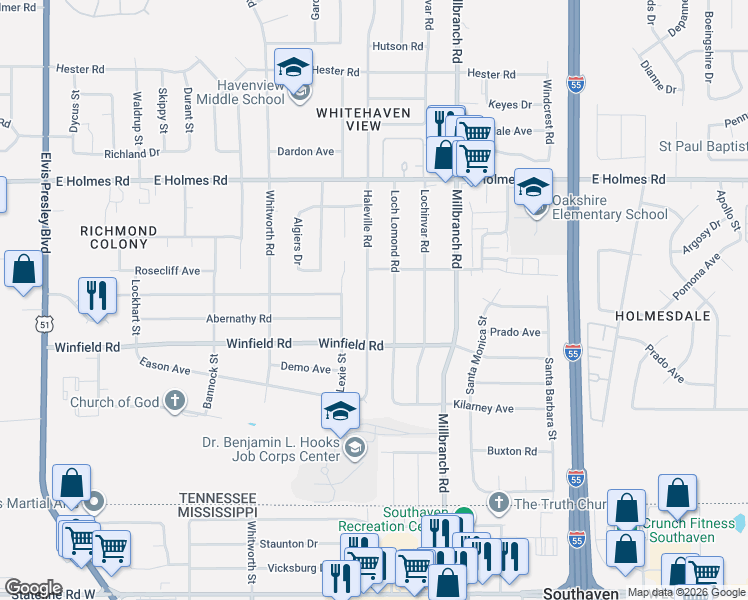 map of restaurants, bars, coffee shops, grocery stores, and more near 5341 Loch Lomond Road in Memphis