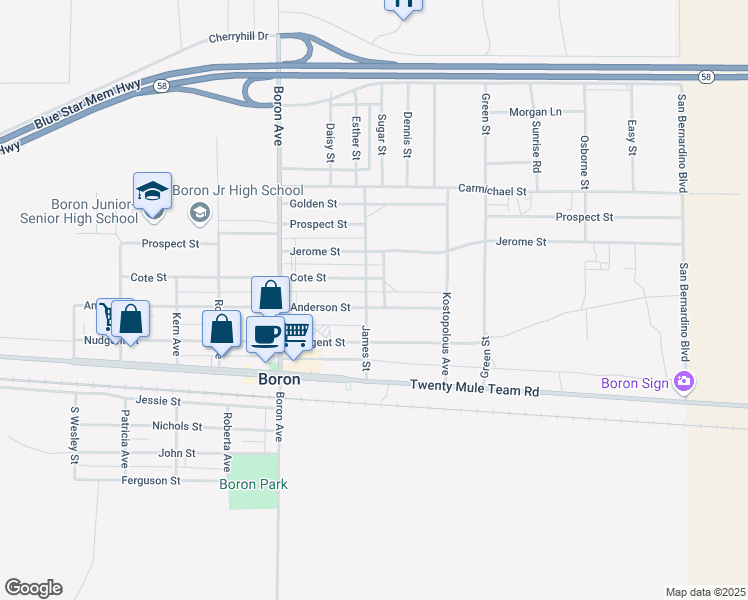 map of restaurants, bars, coffee shops, grocery stores, and more near 12224 James Street in Boron