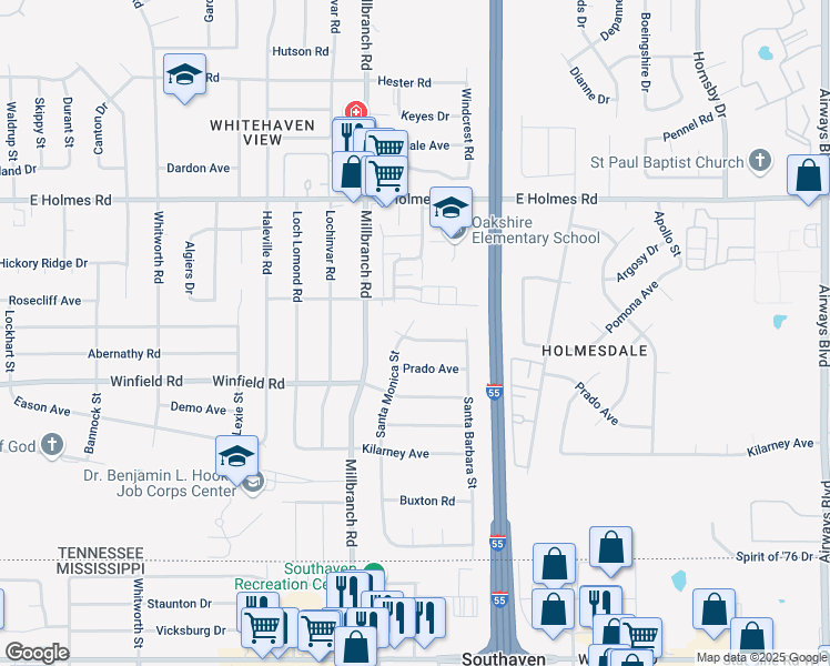 map of restaurants, bars, coffee shops, grocery stores, and more near 5343 Santa Monica Street in Memphis