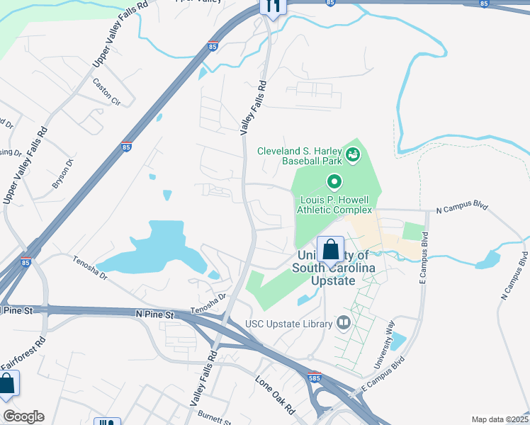 map of restaurants, bars, coffee shops, grocery stores, and more near College Pointe Lane in Spartanburg