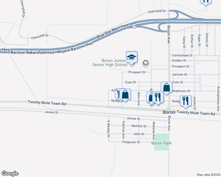 map of restaurants, bars, coffee shops, grocery stores, and more near 26501 Anderson Street in Boron