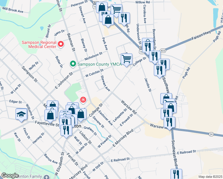 map of restaurants, bars, coffee shops, grocery stores, and more near 707 College Street in Clinton