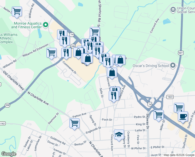 map of restaurants, bars, coffee shops, grocery stores, and more near 1721 Sells Street in Monroe