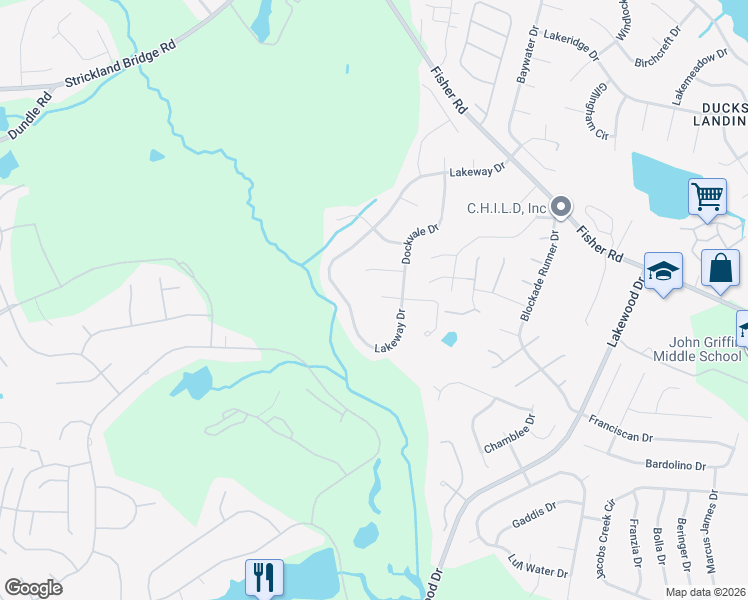 map of restaurants, bars, coffee shops, grocery stores, and more near 2486 Lakeheath Court in Fayetteville