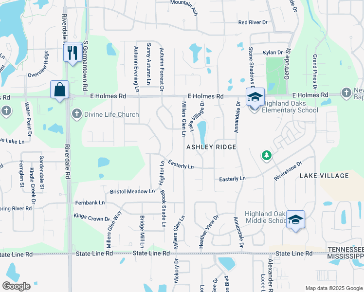 map of restaurants, bars, coffee shops, grocery stores, and more near 5351 Millers Glen Lane in Memphis