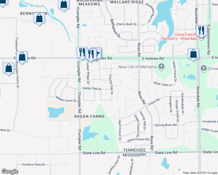 map of restaurants, bars, coffee shops, grocery stores, and more near 5345 Crystal Oak Drive in Memphis