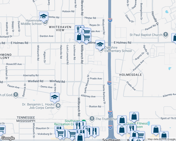 map of restaurants, bars, coffee shops, grocery stores, and more near 5343 Santa Monica Street in Memphis
