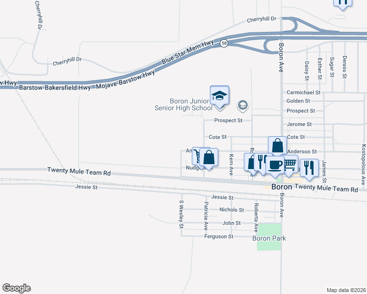 map of restaurants, bars, coffee shops, grocery stores, and more near 26501 Anderson Street in Boron