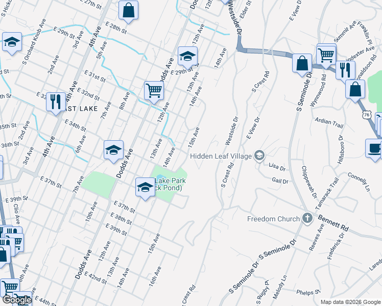 map of restaurants, bars, coffee shops, grocery stores, and more near 3128 15th Avenue in Chattanooga