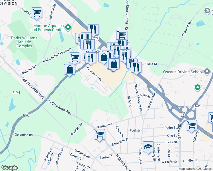 map of restaurants, bars, coffee shops, grocery stores, and more near 2127 Commerce Drive in Monroe