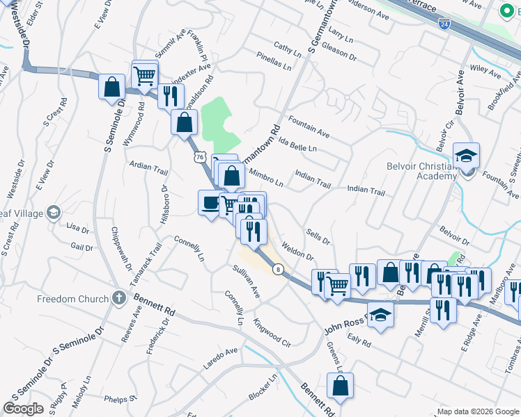 map of restaurants, bars, coffee shops, grocery stores, and more near 3612 Weldon Drive in Chattanooga