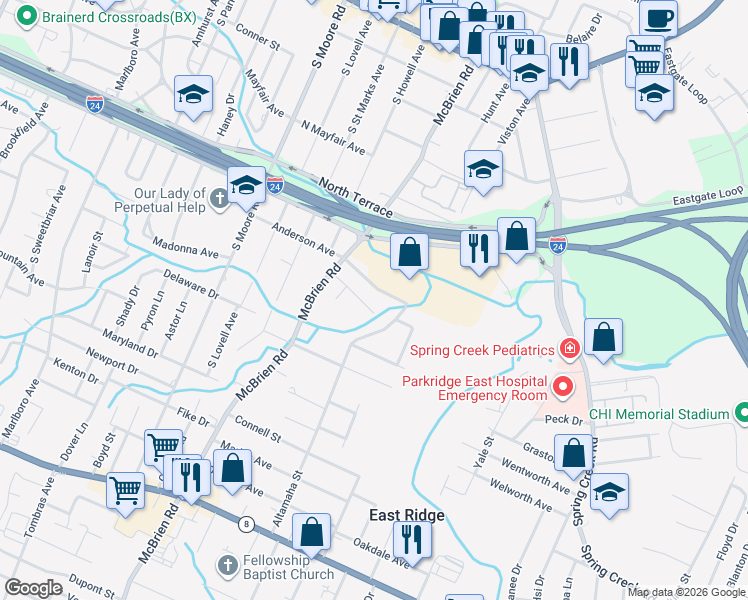 map of restaurants, bars, coffee shops, grocery stores, and more near 5387 Reneau Way in East Ridge