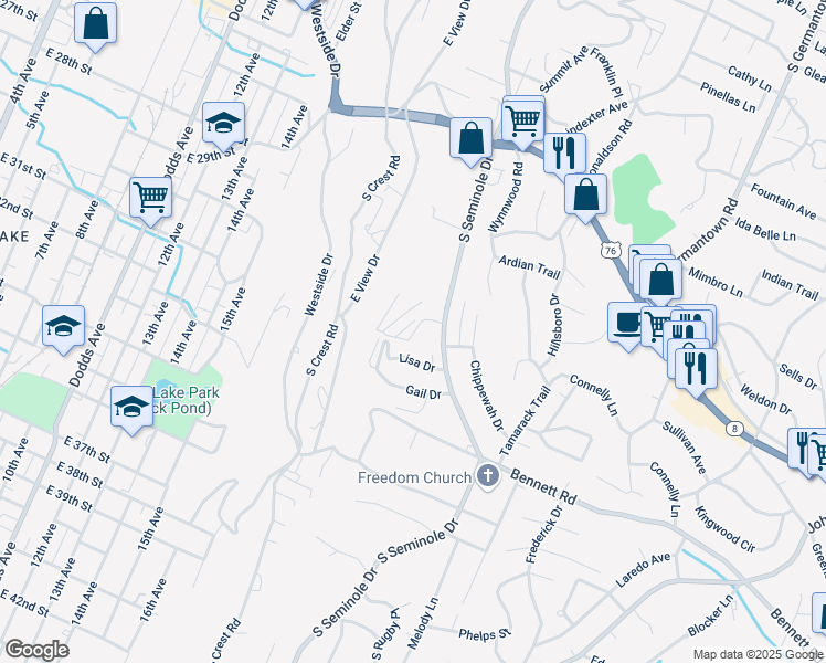 map of restaurants, bars, coffee shops, grocery stores, and more near 123 Bimini Place in East Ridge