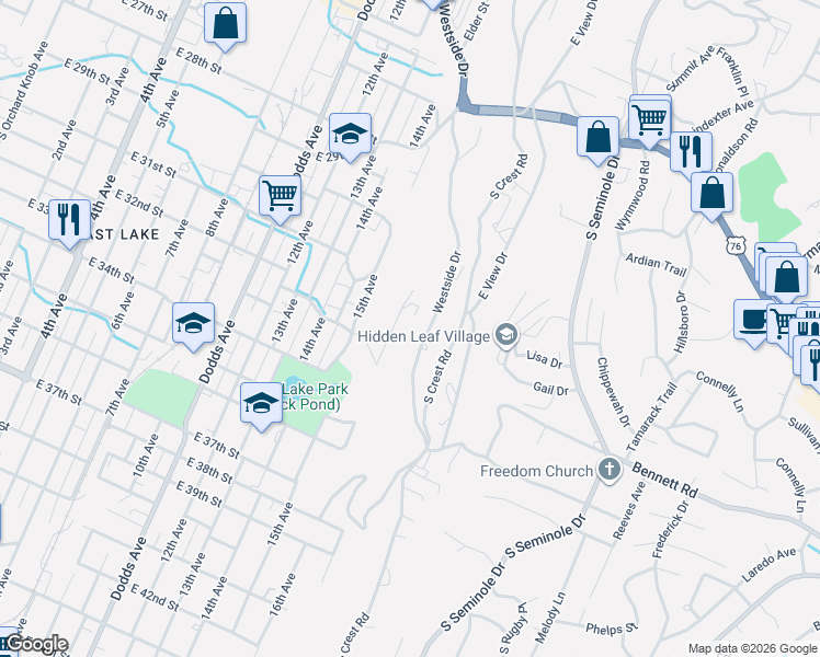 map of restaurants, bars, coffee shops, grocery stores, and more near 3332 Roadrunner Trail in Chattanooga
