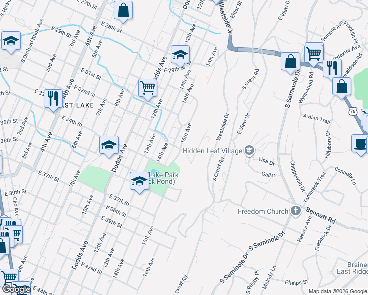 map of restaurants, bars, coffee shops, grocery stores, and more near 3128 15th Avenue in Chattanooga
