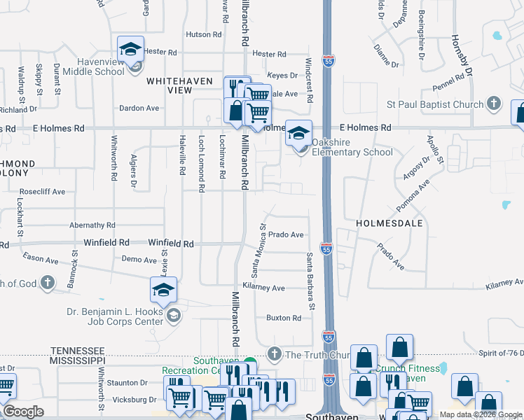 map of restaurants, bars, coffee shops, grocery stores, and more near 5343 Santa Monica Street in Memphis