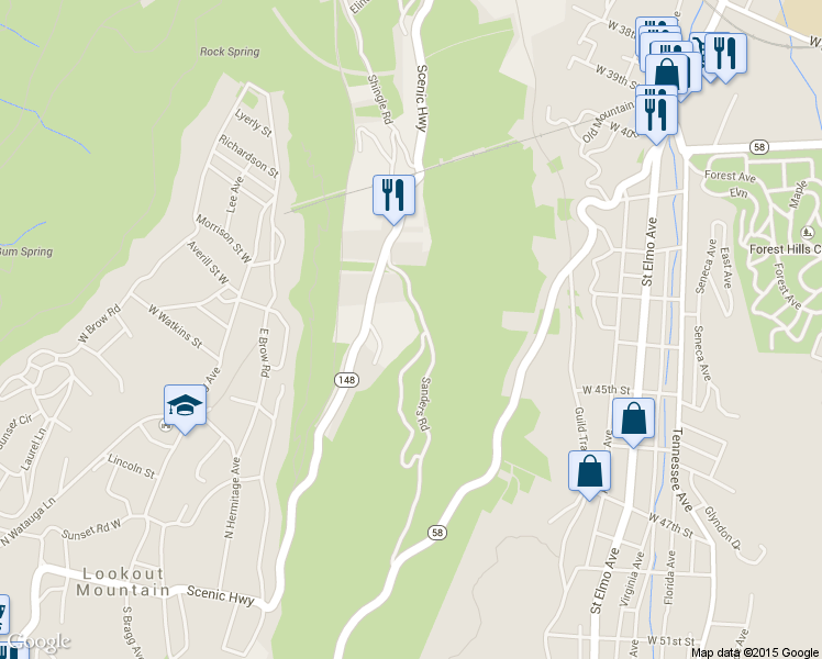 map of restaurants, bars, coffee shops, grocery stores, and more near 516 Winterview Lane in Chattanooga