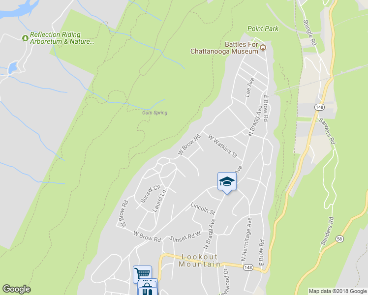 map of restaurants, bars, coffee shops, grocery stores, and more near 515 West Brow Road in Lookout Mountain