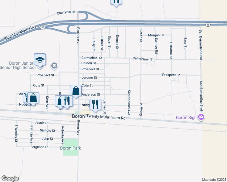 map of restaurants, bars, coffee shops, grocery stores, and more near 27269 Anderson Street in Boron