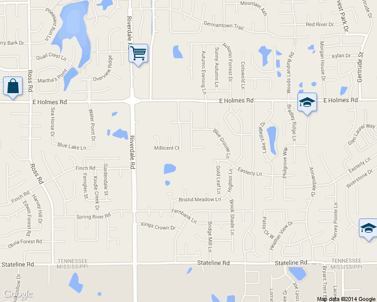 map of restaurants, bars, coffee shops, grocery stores, and more near 5349 Silver Stone Drive in Memphis