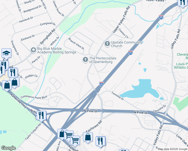 map of restaurants, bars, coffee shops, grocery stores, and more near 530/532 Upper Valley Falls Road in Boiling Springs