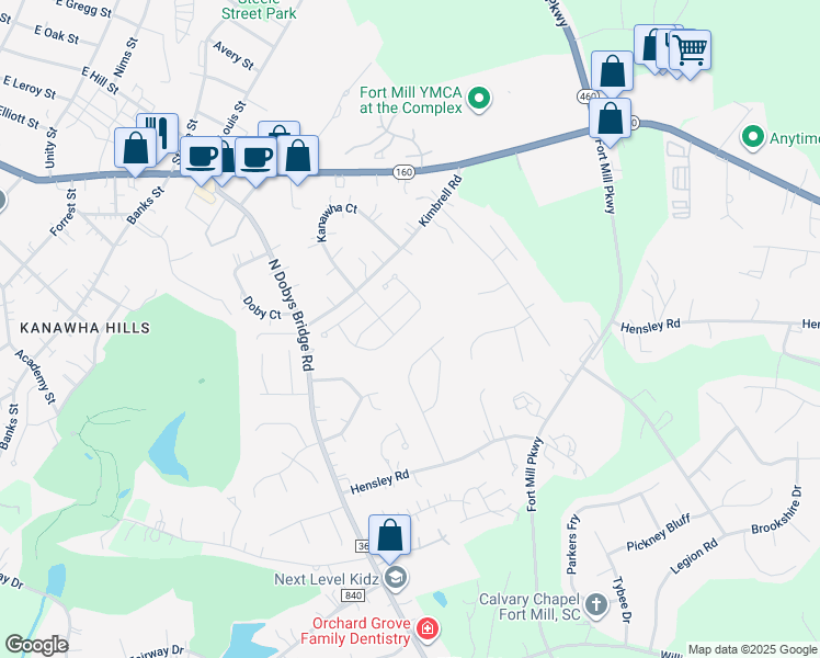 map of restaurants, bars, coffee shops, grocery stores, and more near 892 Pecan Tree Lane in Fort Mill