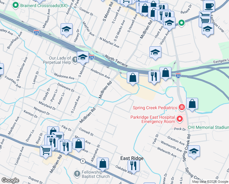 map of restaurants, bars, coffee shops, grocery stores, and more near 914 Geswein Court in East Ridge