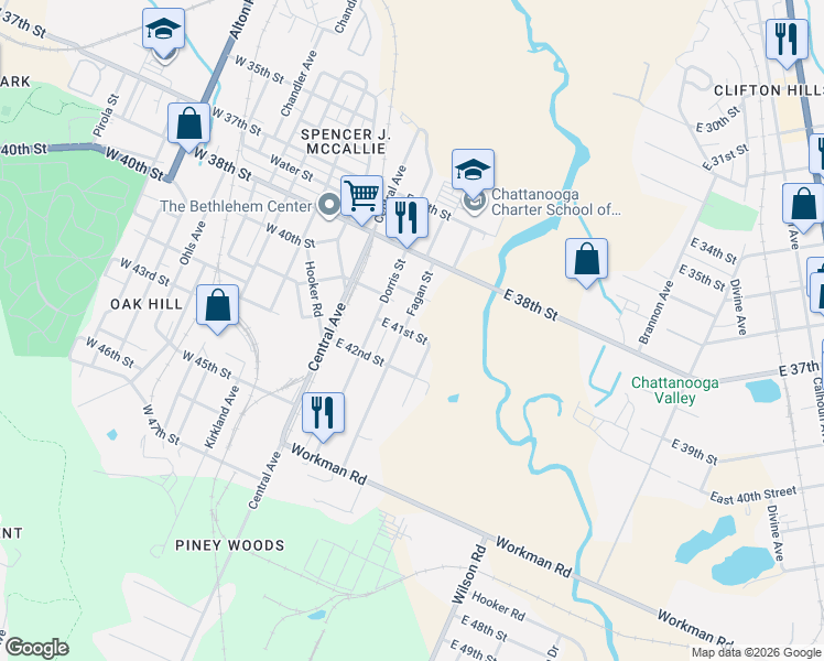 map of restaurants, bars, coffee shops, grocery stores, and more near 4041 Fagan Street in Chattanooga