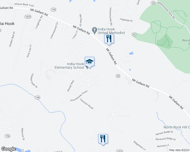 map of restaurants, bars, coffee shops, grocery stores, and more near 7043 Woodsbay Lane in Rock Hill
