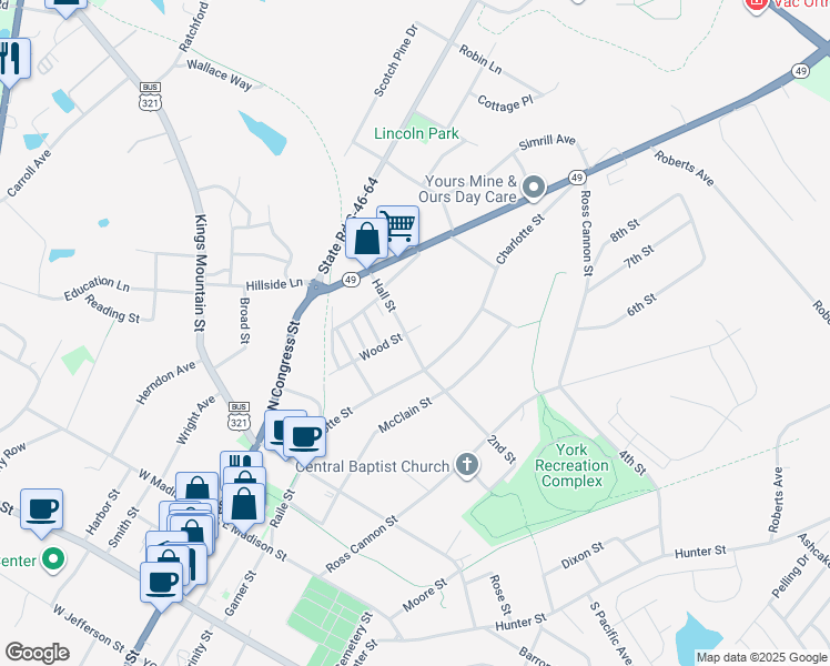 map of restaurants, bars, coffee shops, grocery stores, and more near 171 Hall Street in York