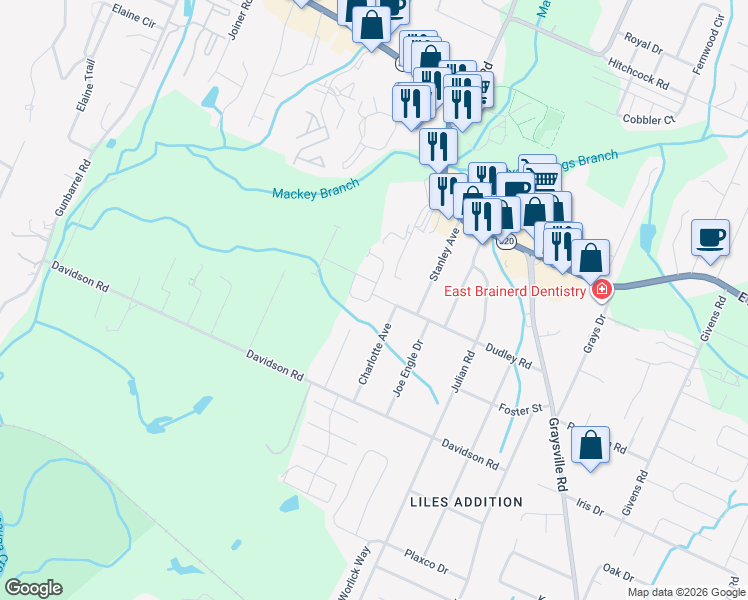 map of restaurants, bars, coffee shops, grocery stores, and more near 994 Gibson Meadow Drive in Chattanooga