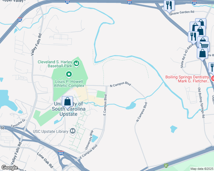 map of restaurants, bars, coffee shops, grocery stores, and more near 305 North Campus Boulevard in Spartanburg