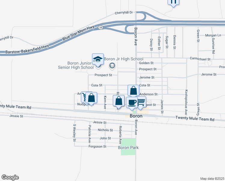 map of restaurants, bars, coffee shops, grocery stores, and more near 26853 Anderson Street in Boron
