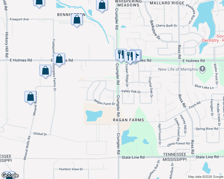 map of restaurants, bars, coffee shops, grocery stores, and more near 6390 Valley Oak Drive in Memphis