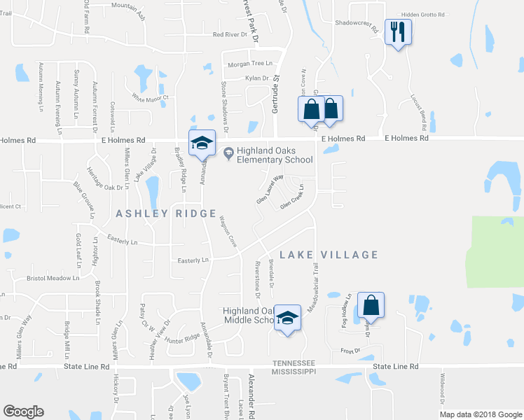 map of restaurants, bars, coffee shops, grocery stores, and more near 7557 Glen Laurel Way in Memphis