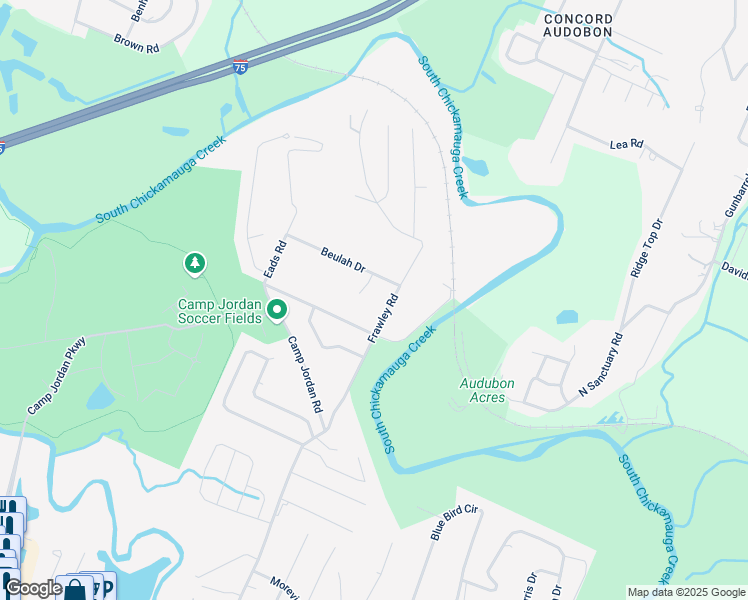 map of restaurants, bars, coffee shops, grocery stores, and more near 215 Frawley Road in Chattanooga