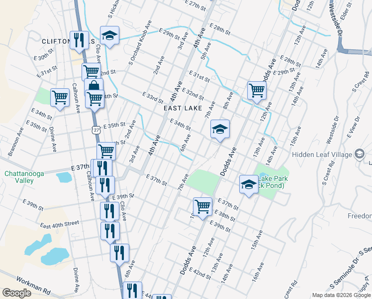 map of restaurants, bars, coffee shops, grocery stores, and more near in Chattanooga