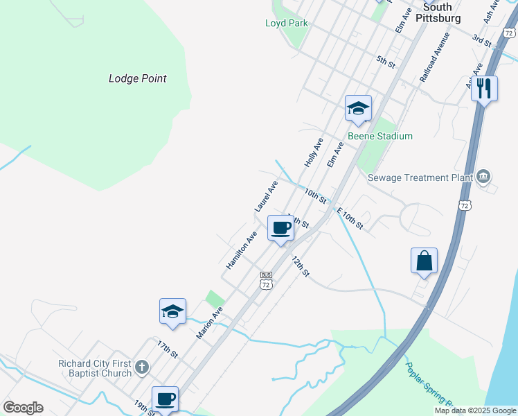 map of restaurants, bars, coffee shops, grocery stores, and more near 1020 Laurel Avenue in South Pittsburg