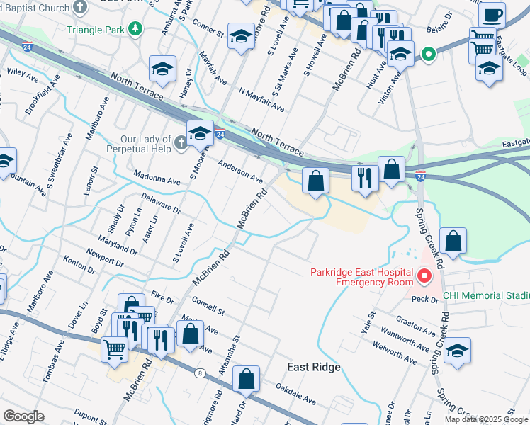 map of restaurants, bars, coffee shops, grocery stores, and more near 914 Geswein Court in East Ridge