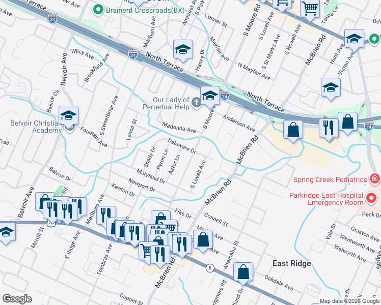 map of restaurants, bars, coffee shops, grocery stores, and more near 701 South Moore Road in Chattanooga