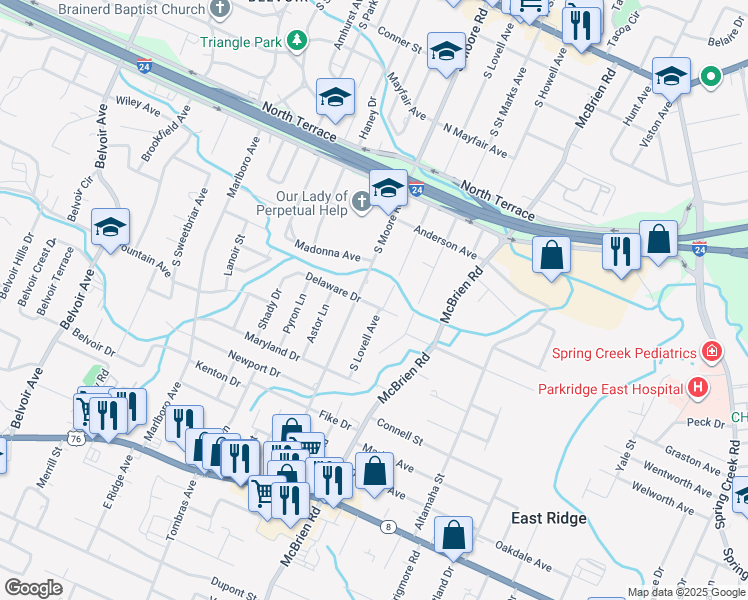 map of restaurants, bars, coffee shops, grocery stores, and more near 4905 Delaware Drive in Chattanooga