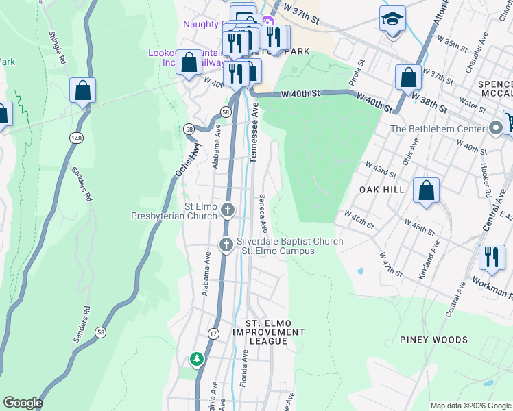 map of restaurants, bars, coffee shops, grocery stores, and more near 4302 Tennessee Avenue in Chattanooga
