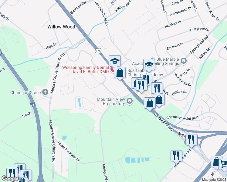 map of restaurants, bars, coffee shops, grocery stores, and more near 108 State Road S-42-7449 in Spartanburg