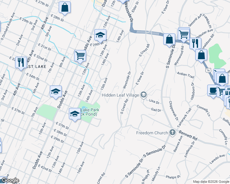 map of restaurants, bars, coffee shops, grocery stores, and more near 3118 16th Avenue in Chattanooga