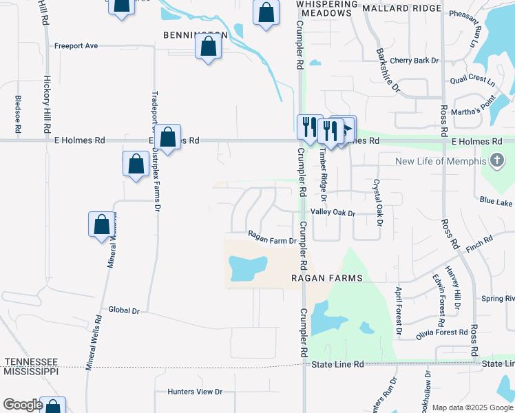 map of restaurants, bars, coffee shops, grocery stores, and more near 5348 Farm Ridge Drive in Memphis