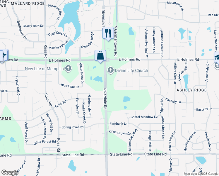 map of restaurants, bars, coffee shops, grocery stores, and more near 5346 Riverdale Road in Memphis