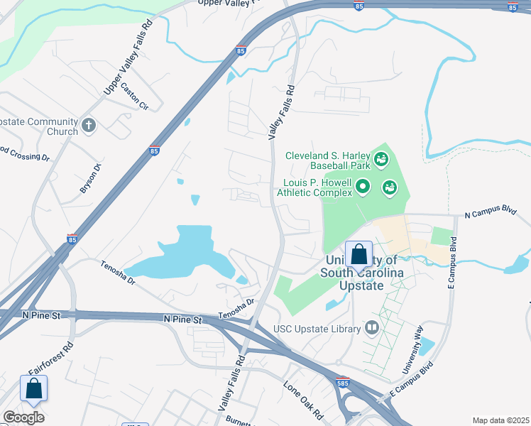 map of restaurants, bars, coffee shops, grocery stores, and more near 7915 Valley Falls Road in Spartanburg