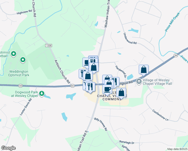 map of restaurants, bars, coffee shops, grocery stores, and more near 5955 Weddington Road in Wesley Chapel
