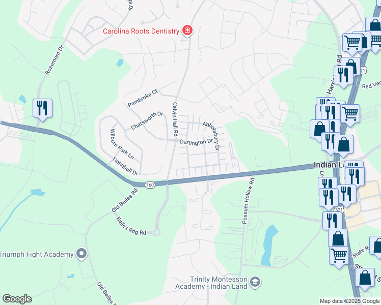 map of restaurants, bars, coffee shops, grocery stores, and more near 6307 Rhodins Lane in Indian Land